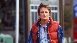 Michael J. Fox and his vest in the 1985 movie Back to the Future.</e