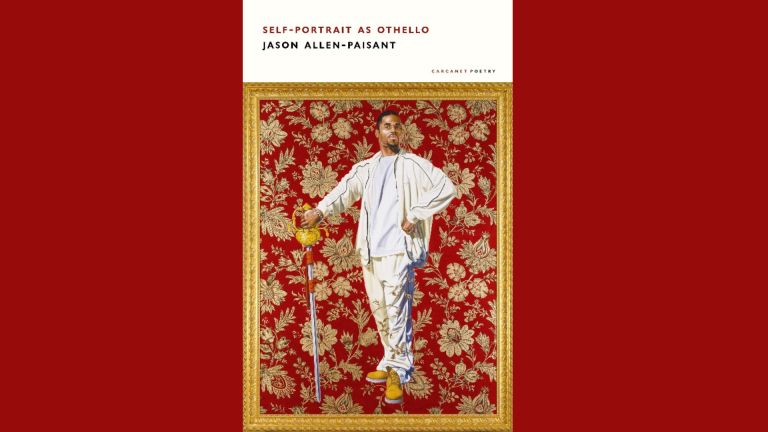 Self Portrait As Othello Jason Allen-Paisant book cover, showing a man in white holding a sword on a red floral background surounded by a picture frame.